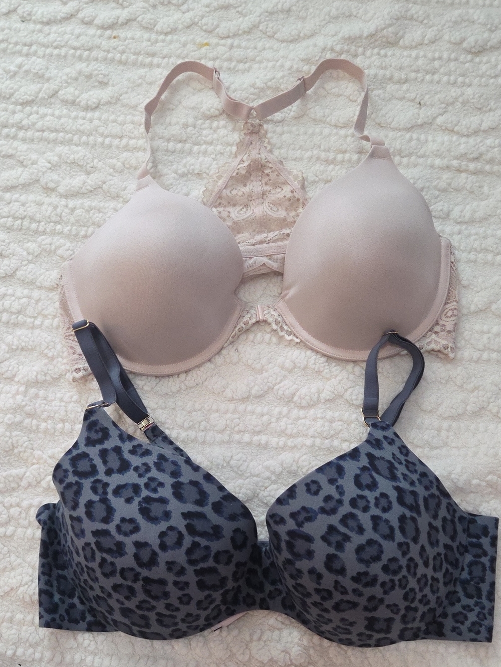 Maidenform Pink Lace Racerback & Victoria's S Bra & Gray Leopard T-Shirt Bra